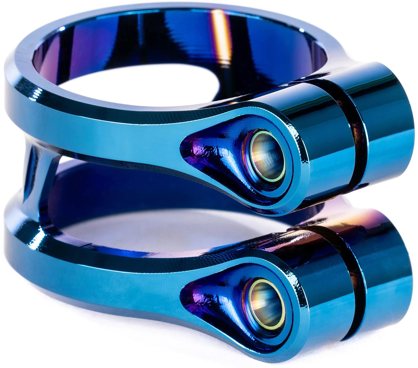 The Ethic DTC Sylphe V2 2 Bolt Oversized Stunt Scooter Clamp in Chrome Blue is an anodized, double-ring clamp with integrated bolts for secure scooter assembly, shown against a white background.
