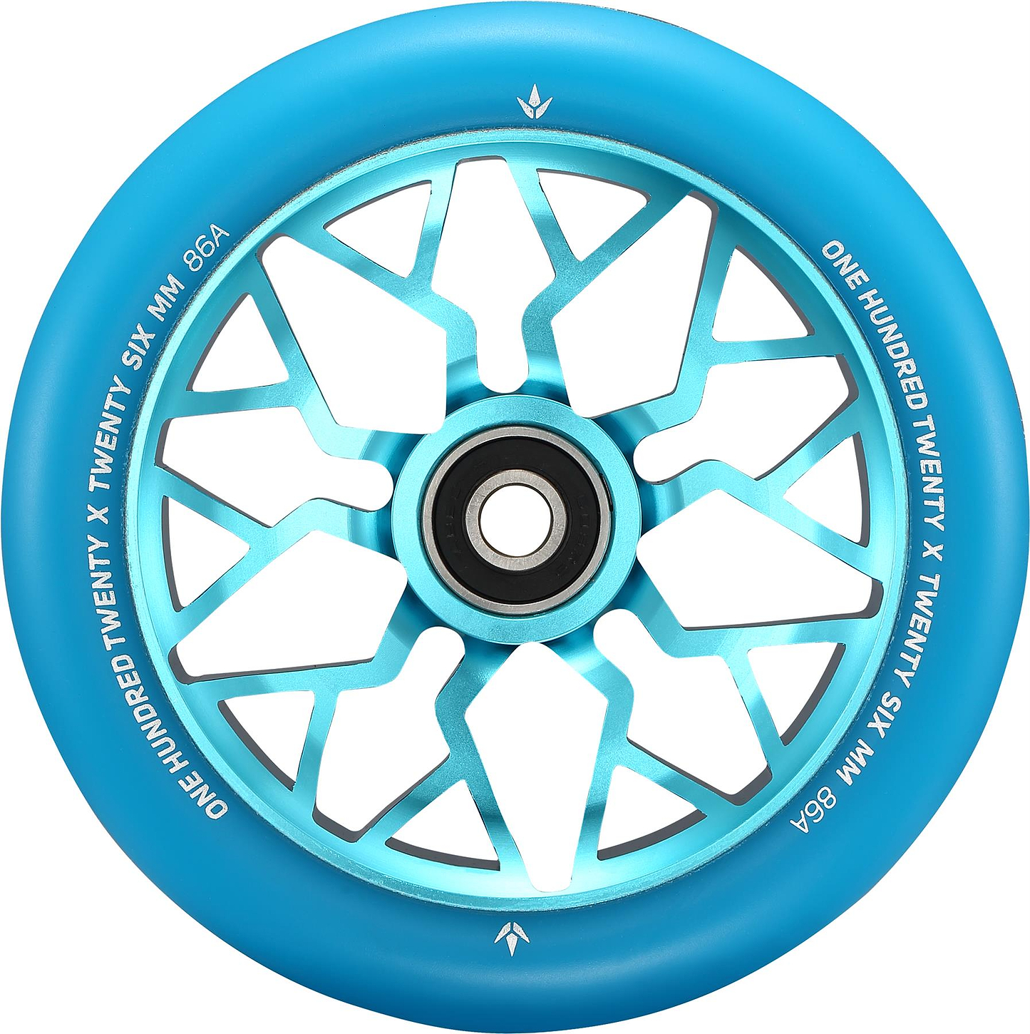 A Blunt Envy Sector 120mm Stunt Scooter Wheel in teal, with a black center bearing and geometric metallic teal spokes. White text on the edge reads “ONE HUNDRED TWENTY X TWENTY SIX MM 86A.”.