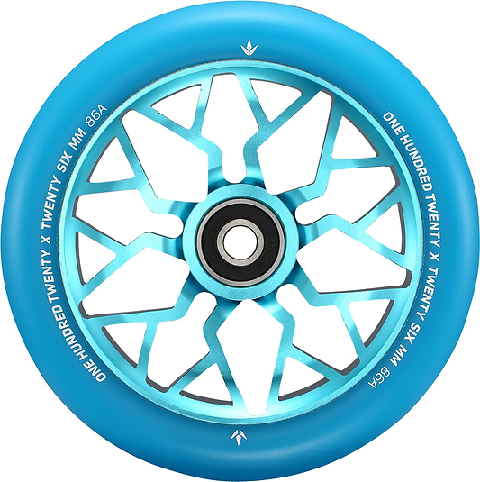 A Blunt Envy Sector 120mm Stunt Scooter Wheel in teal, with a black center bearing and geometric metallic teal spokes. White text on the edge reads “ONE HUNDRED TWENTY X TWENTY SIX MM 86A.”.
