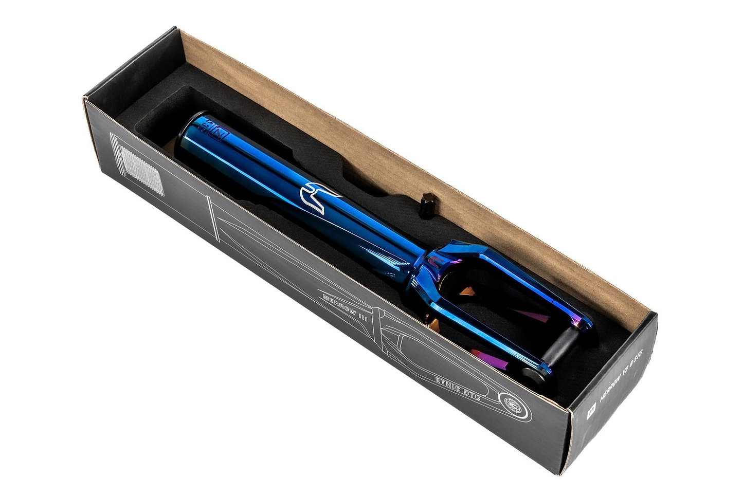 The Ethic DTC Merrow V3 SCS Stunt Scooter Fork in Chrome Blue by Ethic, made from 7075 aluminium and renowned for its light weight, is shown in a black box with custom foam packaging, viewed from above on a white background.