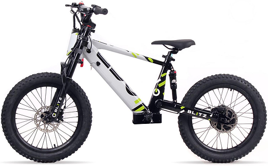 The Duo 20" Blitz Kids Electric Balance Bike in white/black features thick rugged tires, a sturdy frame, disc brakes, front suspension fork, and bold "BLITZ" branding—ideal for any terrain.