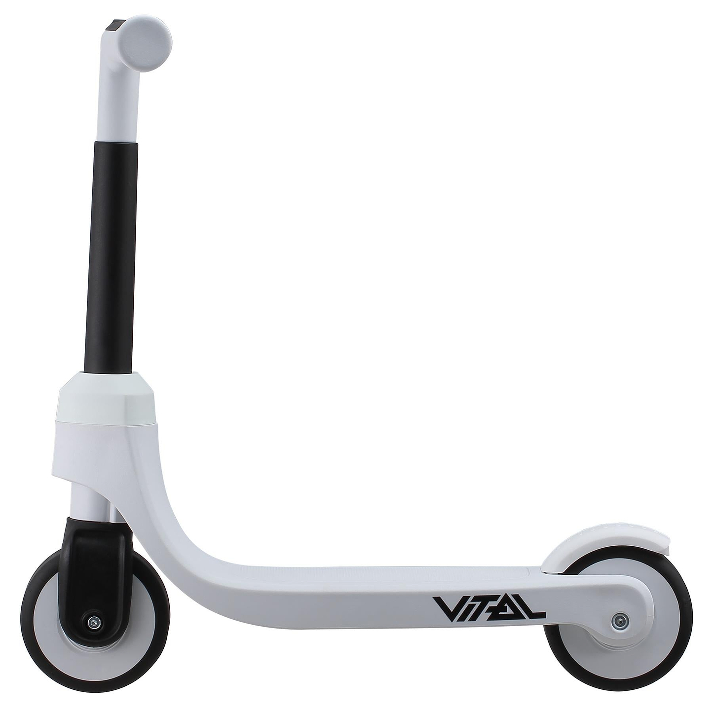 The Vital First Kids Scooter in white and black features a minimalist 2-wheel design, a short handlebar, and "Vital" branding on the deck—photographed side-on against a white background, it's a stylish choice for kids.