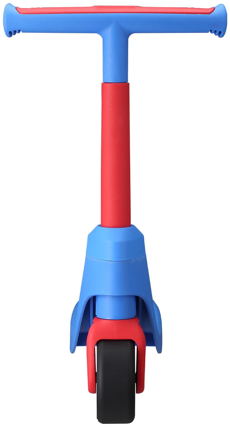 A front view of the Vital First Kids Scooter by Vital in red and blue, featuring a single black front wheel, displayed on a white background.