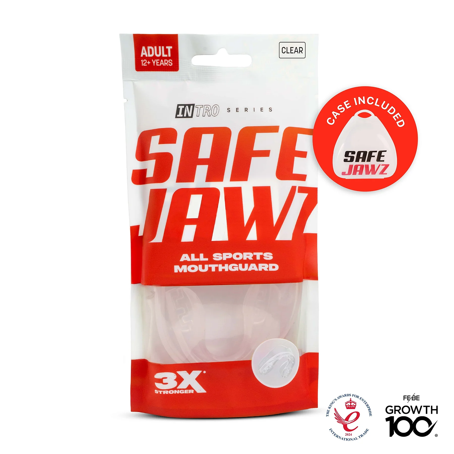 The Safejawz Intro Series Protection Mouthguard - Clear is designed for adults (12+), labeled “All Sports Mouthguard, 3X Stronger.” It offers jaw stability, a comfortable fit, includes a case, and features Safejawz and Growth 100 logos on the retail packaging.