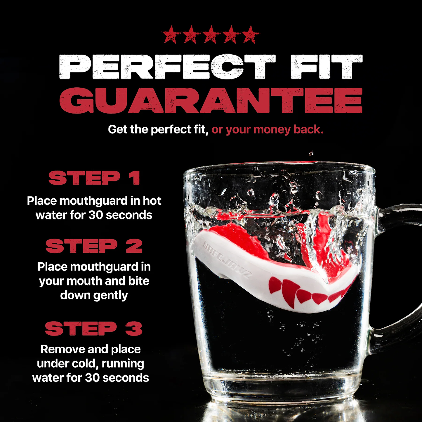 The Safejawz Extro Series Protection Mouthguard - Pink Fangz is shown submerged in water with fitting instructions and bold text: "PERFECT FIT GUARANTEE: Hi-impact protection and the perfect fit, or your money back.