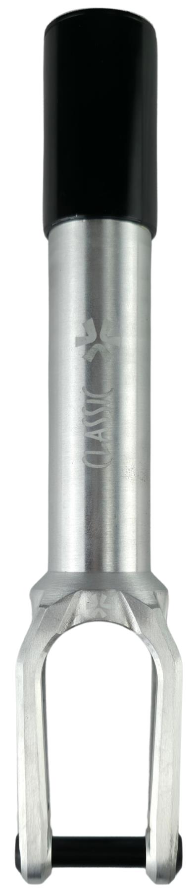 The Union Classic Lightweight HIC/SCS Stunt Scooter Fork - Polished by Union features a sleek silver aluminium design with a black top, offering durability and light weight for connecting the wheel to the scooter's steering tube.