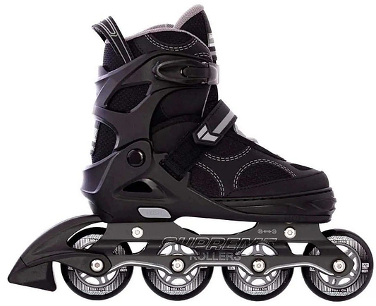 The Supreme Venice Adjustable Kids Inline Skates in Black/Grey feature four wheels, padded ankle support, and adjustable sizing straps, making them ideal for beginner-friendly recreational use.