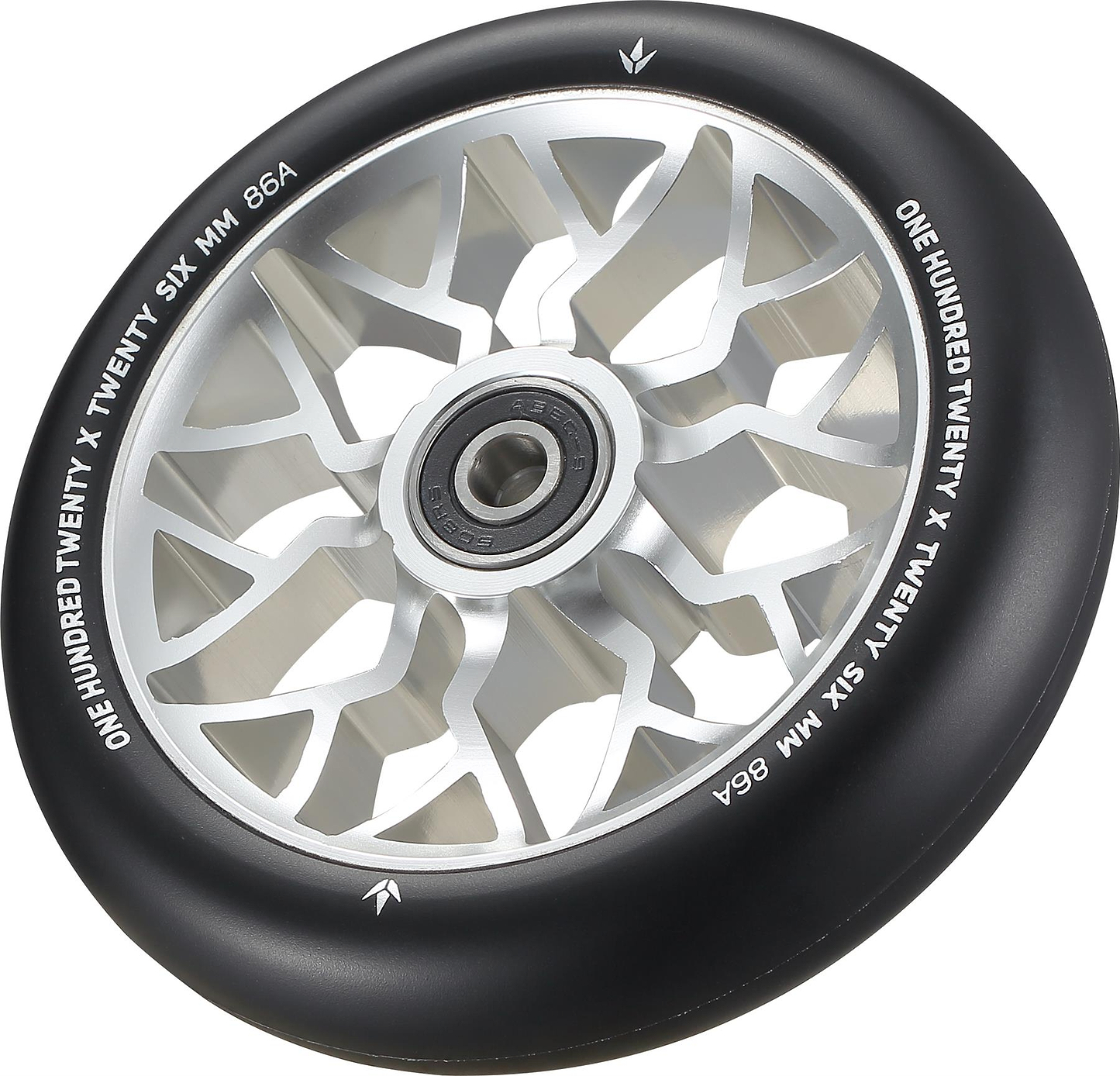 The Blunt Envy Sector 120mm Stunt Scooter Wheel in silver features a geometric spoke design, central ball bearing, and white "ONE HUNDRED TWENTY SIX MM 86A" text on the rubber.