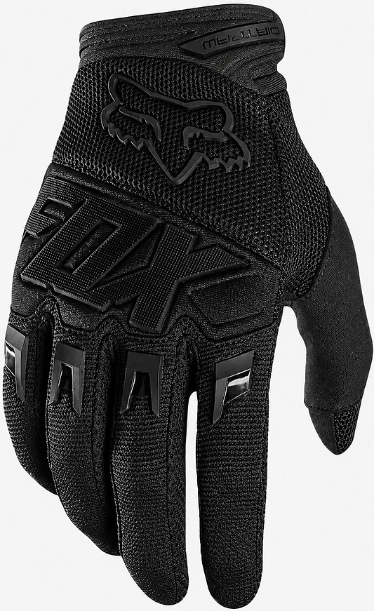 The FOX Dirtpaw Skate Protection Gloves - All Black feature textured fabric, armoured knuckle coverage, and the FOX logo on the back. Slightly curled fingers highlight full protection for knuckles and fingers.