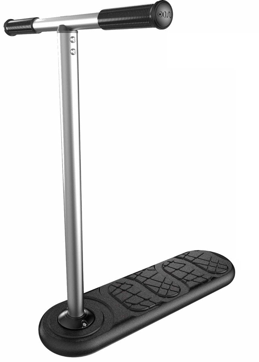 The INDO 670mm Indoor Trampoline Stunt Scooter in black boasts a sleek black and silver design with a textured footrest and comfortable black handle grips, perfect for enthusiasts honing their skills. The base is adorned with a leaf-like pattern for enhanced grip, echoing the intricate designs typical of stunt scootering gear.