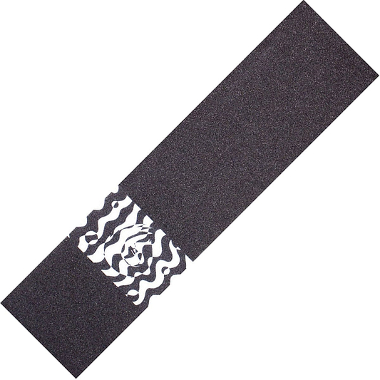 The Hella Grip Trippy Sloth Stunt Scooter Griptape in black and white showcases a central zebra illustration accented by wavy lines, all set against a black backdrop. It is designed with weatherproof adhesive to ensure durability and create a striking visual contrast.