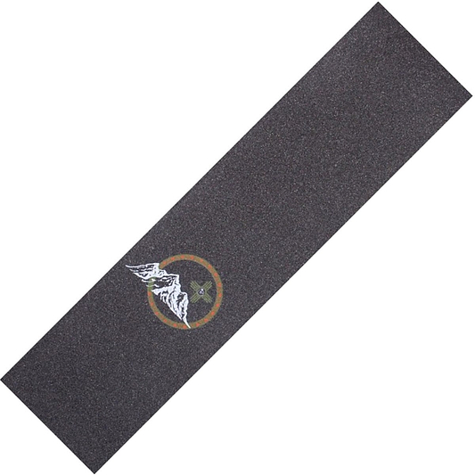The Hella Grip ZM3 Stunt Scooter Griptape - Zack Martin Signature is a black grip tape showcasing a circular design with a white and green winged logo, centered on durable silicone carbide.