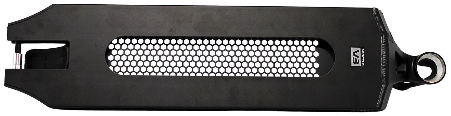 The Root Industries Invictus V3 Black Stunt Scooter Deck (5.2" x 19.7") features a smooth black finish, honeycomb-pattern center cutout, circular mounting hole on one end, and a small logo near the right side.