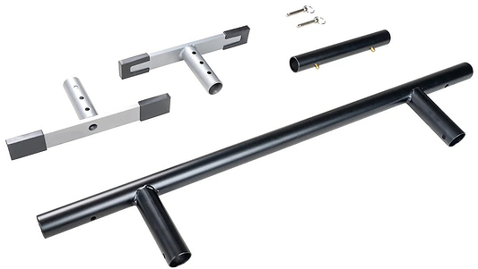 Disassembled Madd Gear MGP Grind Rail Extension Kit - 91cm set with two black and silver steel handles, two short metal brackets with rubber ends, one cylindrical part, and two small keys—all displayed on a white background.