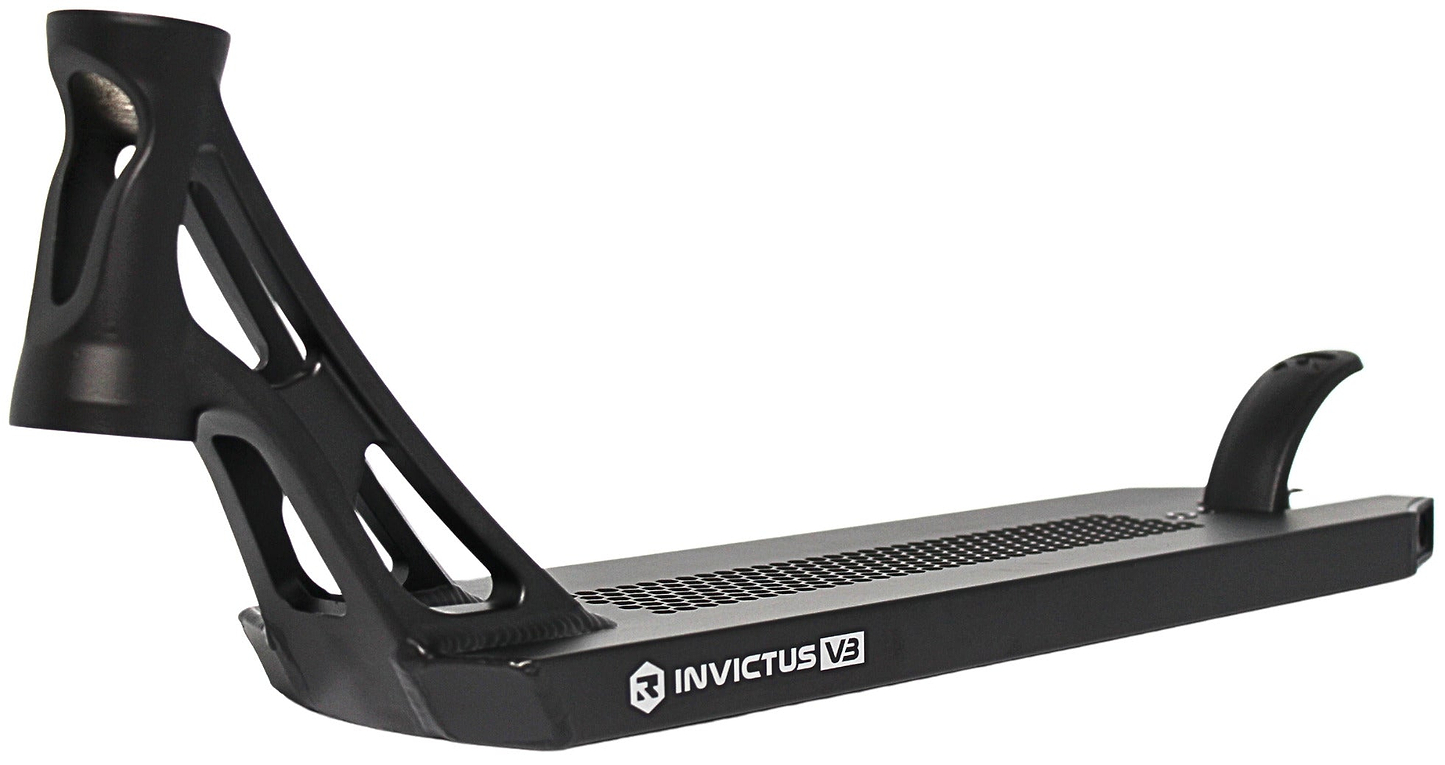 The Root Industries Invictus V3 Black Stunt Scooter Deck (5.2" x 19.7") features a lightweight build, textured grip surface, open-frame neck with cut-out details, curved brake, sleek design, and side logo.