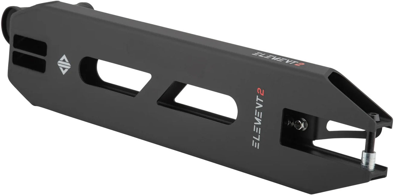 The Drone Element 2 Evo Feather-Light Black Stunt Scooter Deck - 4.5" features a matte black rectangular design with angular cutouts, "ELEMENT 2" in white and red, a small geometric logo, and metal hardware on one end.