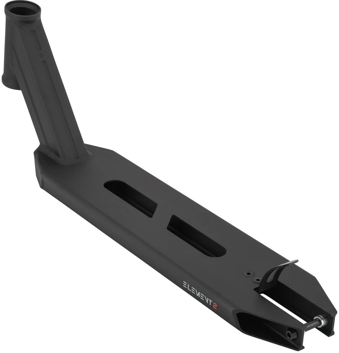 The Drone Element 2 Evo Feather-Light Black Stunt Scooter Deck - 4.5" is a lightweight deck with cut-out slots, an angled neck for handlebars, and "ELEMENT 2" branding on the side.