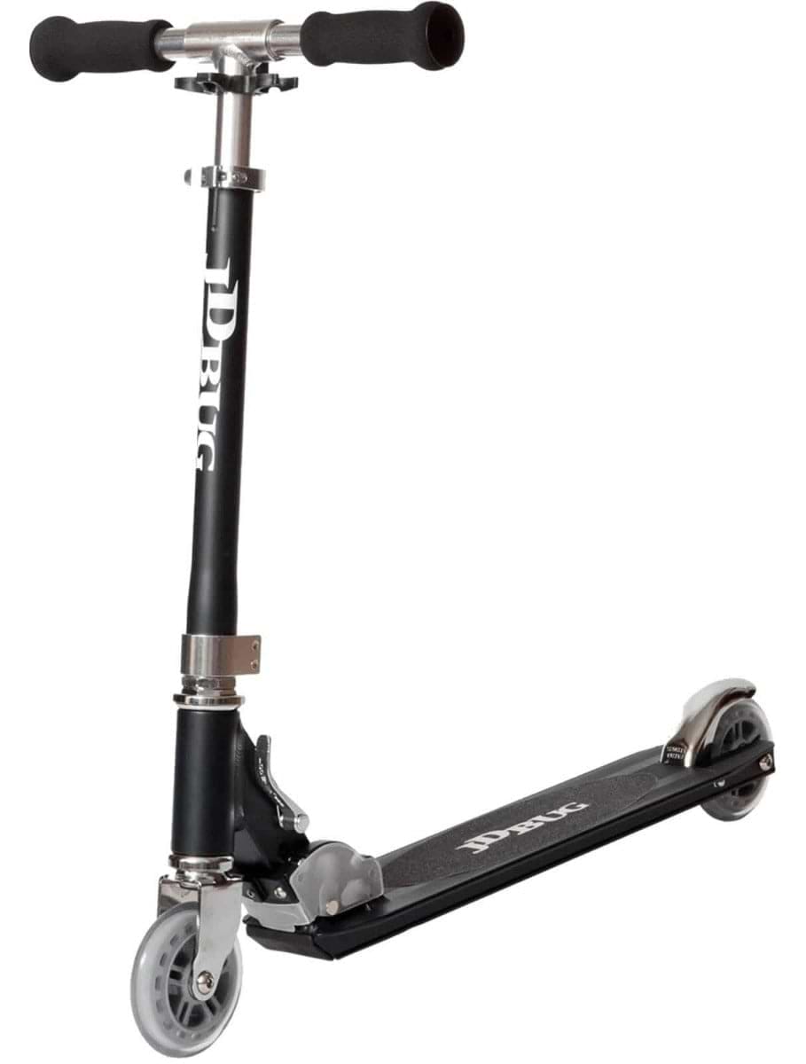 The JD Bug Original Street MS130B in Matt Black is a kids' foldable kick scooter with a sleek black and silver look, featuring two small wheels, a non-slip deck, foam-gripped handlebars, and an easy-fold mechanism for convenient transport and storage.