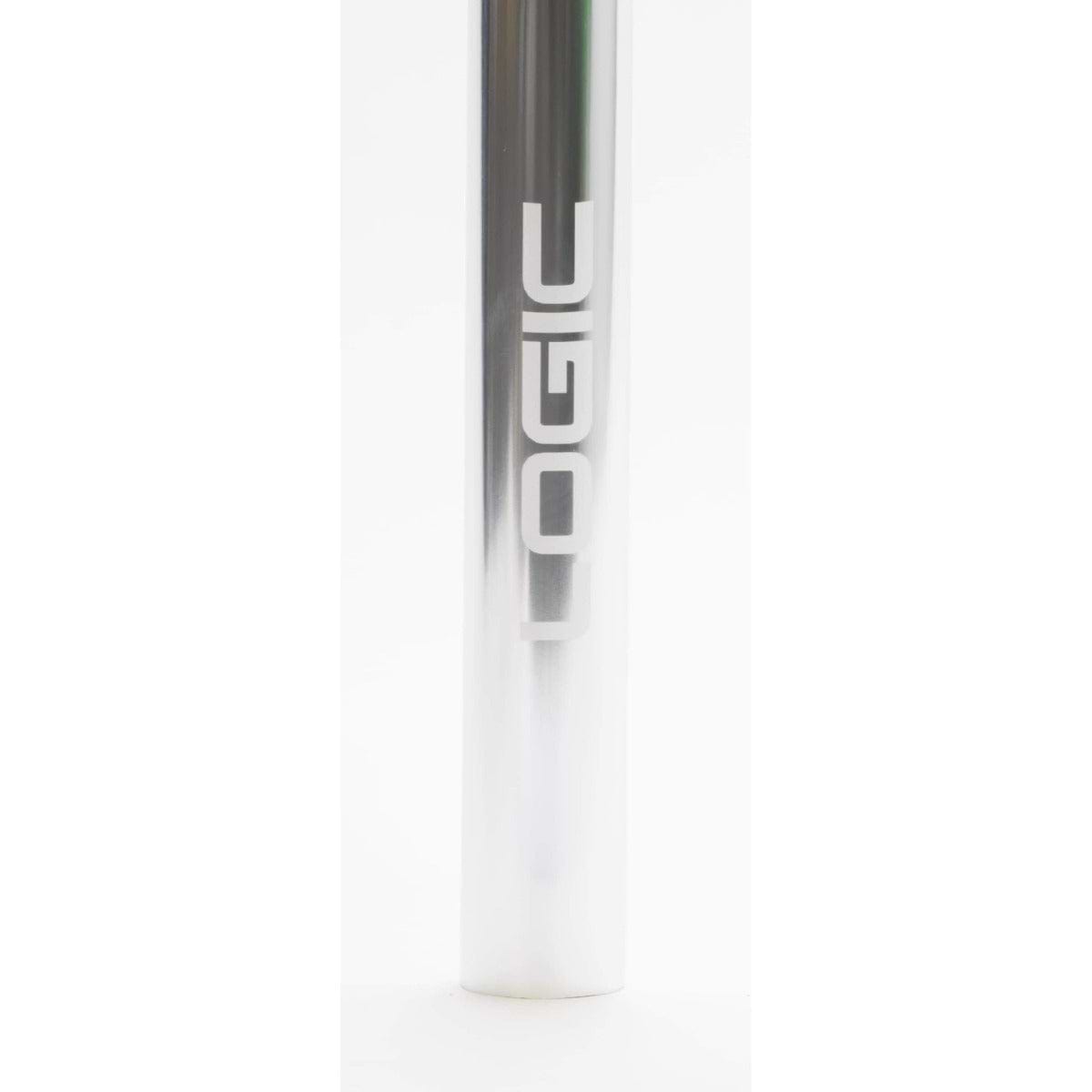 Close-up of a metal cylinder with "LOGIC" printed vertically in bold white letters on a reflective surface, highlighting the lightweight design of the Logic Axis V2 Aluminium Oversized IHC Stunt Scooter Bars in Chrome. The sleek 610mm x 610mm aluminium bars stand out against the plain white background.
