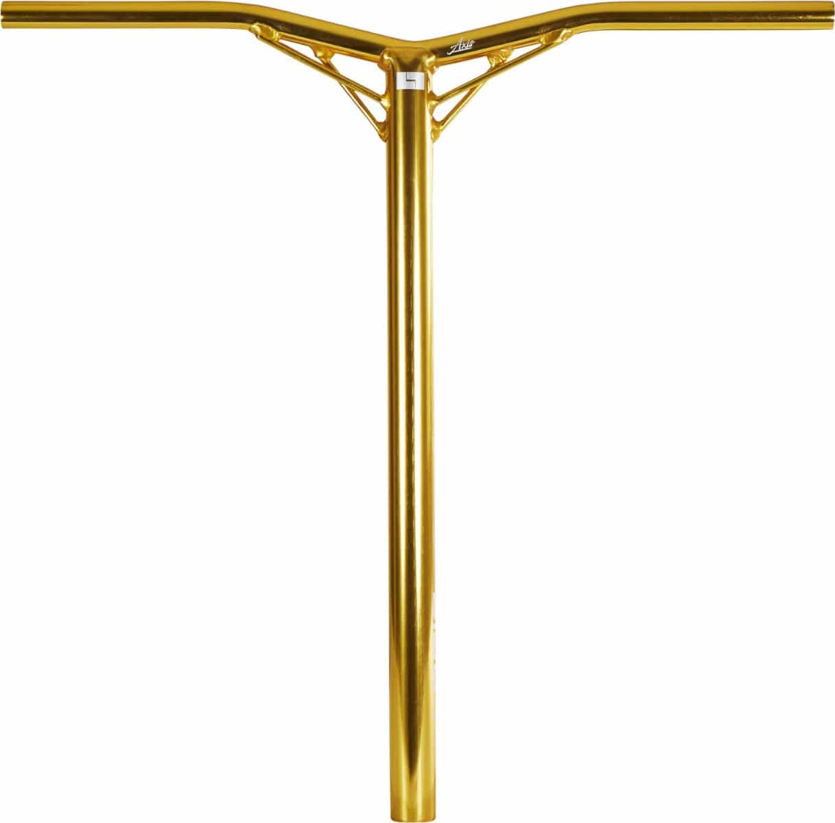 The Logic Axis V2 Aluminium Oversized IHC Stunt Scooter Bars in Gold, measuring 610mm x 610mm, are displayed. These handlebars have a T-shaped design crafted from aluminium, featuring a sleek metallic finish and triangular reinforcements near the top crossbar. This ensures strong support for added stability while maintaining a lightweight construction.