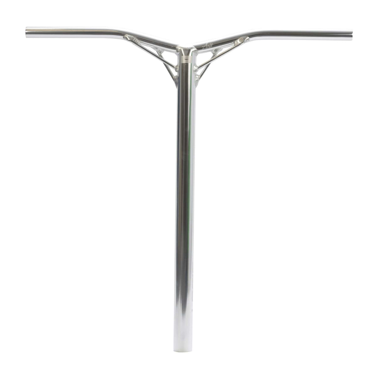 The Logic Axis V2 Aluminium Oversized IHC Stunt Scooter Bars, available in a chrome finish, showcase a sleek T-shaped design made from aluminium. These 610mm x 610mm handlebars are reinforced near the top crossbar, offering a lightweight and minimalist aesthetic that stands out against a plain white background.