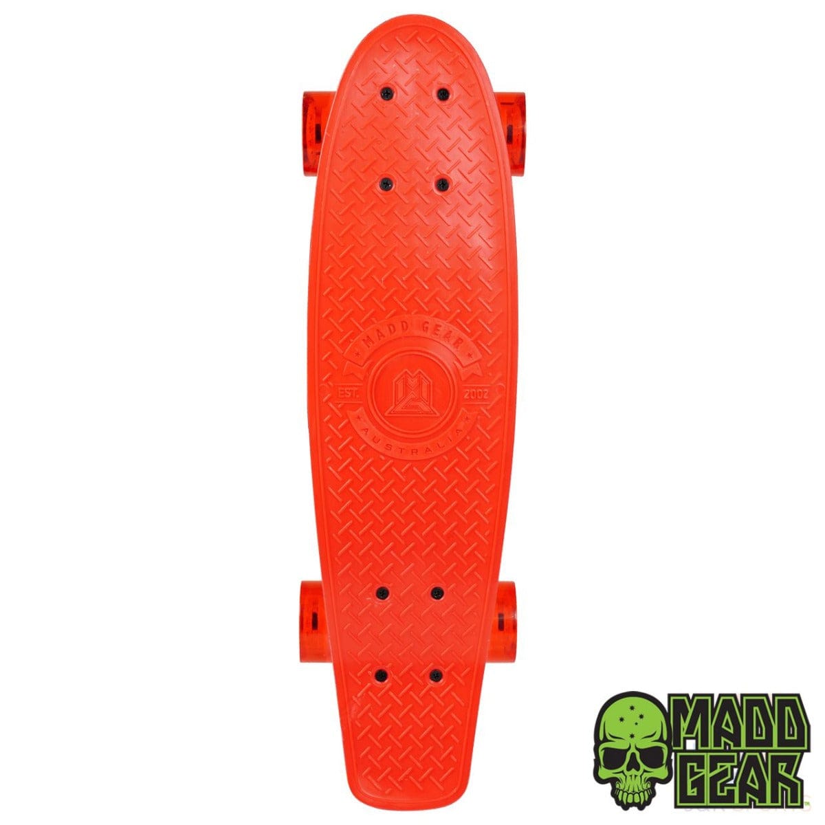 From above, you can see the Madd Gear MGP G-Retro Racer Complete Cruiser - 22.5" x 6.25", featuring a bright orange, retro short board with a textured grip and orange wheels. The Madd Gear (MGP) brand logo with its distinctive green skull design is displayed in the bottom corner. It comes equipped with ABEC 9 bearings for smooth rides.