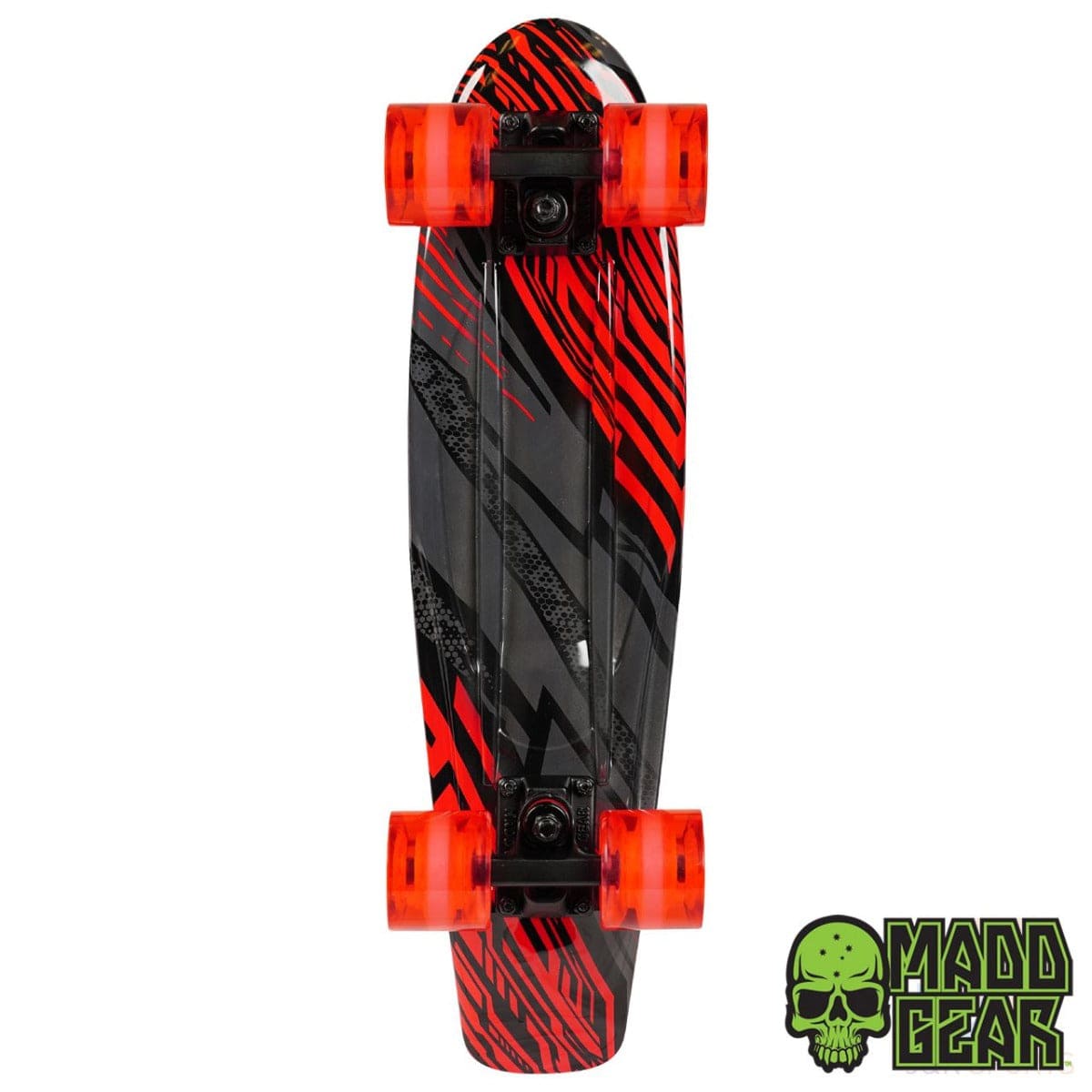 The Madd Gear MGP G-Retro Racer Complete Cruiser, measuring 22.5" x 6.25", features a retro short board design with red and black stripes on the deck and vibrant orange wheels. Positioned vertically, it displays the green skull logo of Madd Gear in the bottom right corner. This skateboard is equipped with smooth ABEC 9 bearings for an unparalleled ride experience.