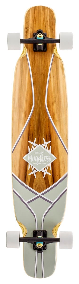 The Mindless Core Dancer Red Gum Complete Longboard, measuring 44.5" x 9.25", showcases a wooden deck adorned with a geometric graphic design in gray and white, featuring the word "Mindless" in a stylized font. Ideal for all-round riders, it is equipped with white wheels and black trucks.