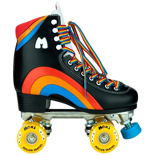 The Moxi Rainbow Quad Roller Skates - Black present a trendy look tailored for novice recreational skaters. The striking black, orange, and blue design is accentuated with colorful striped laces and yellow wheels, featuring the "Moxi" logo and a white "M" on the boot—ideal outdoor roller skates for lively rides.