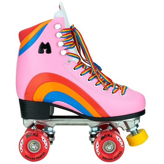 The Moxi Rainbow Quad Roller Skates - Bubblegum Pink is an eye-catching choice for novice recreational skaters. It features a vivid pink boot with a red heel, highlighted by orange, blue, and yellow accents. The design is finished off with rainbow-colored laces, red wheels, and the "M" logo set against a simple white background.