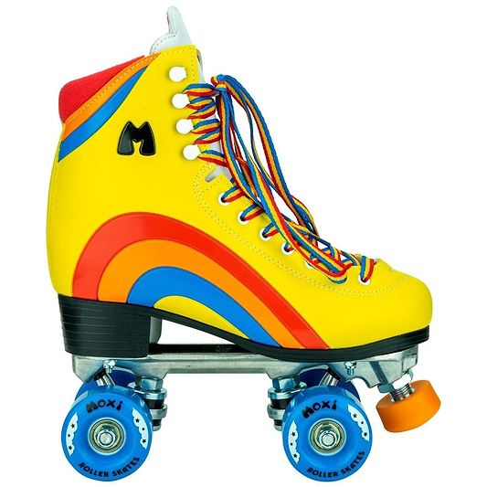The Moxi Rainbow Quad Roller Skates in Sunset Yellow are lively outdoor skates featuring a red and blue rainbow pattern. They come with multicolored laces, a red cushioned ankle, and blue wheels with orange stoppers. The letter "M" is prominently displayed on the boot of these stylish quad roller skates from Moxi.