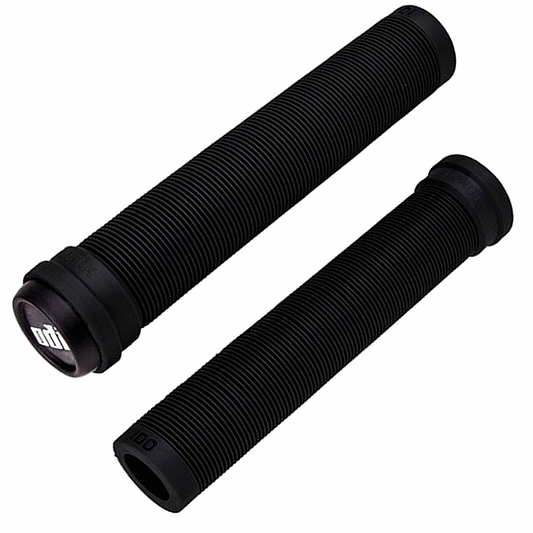 A pair of cylindrical black ODI Longneck SLX Stunt Scooter Grips, measuring 160mm and crafted from Krayton rubber with a ribbed texture. Each grip is equipped with a circular end cap showcasing the ODI logo, designed for comfortable handling.