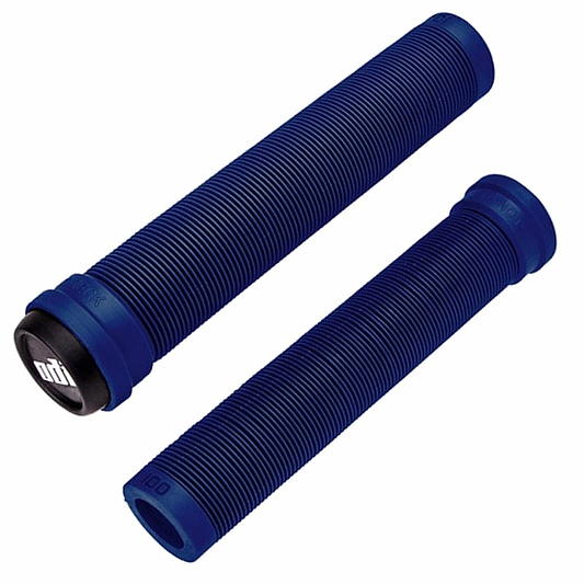 Two cylindrical blue ribbed grips, made from Krayton rubber with black end caps showcasing a white logo. These ODI Longneck SLX Navy Blue Stunt Scooter Grips are 160mm long and designed for a secure hold, ideal for BMX enthusiasts seeking both style and functionality.