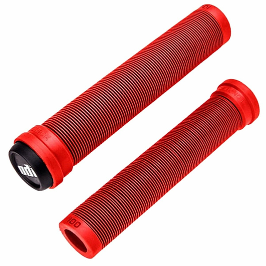 These ODI Longneck SLX Red Stunt Scooter Grips, measuring 160mm, are crafted from durable Krayton rubber. They feature a ribbed texture and black end caps. The cylindrical grips also display raised text and the ODI logo near the ends, providing both style and functionality for your ride.