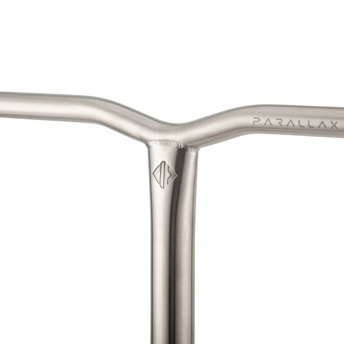 A close-up of the metallic handlebar showcases the minimalist design of the Drone Parallax Titanium HIC Stunt Scooter Y-Bars. "PARALLAX" is engraved on one side, while a geometric logo embellishes the intersection of the durable titanium bars, all presented in a sleek, brushed finish.