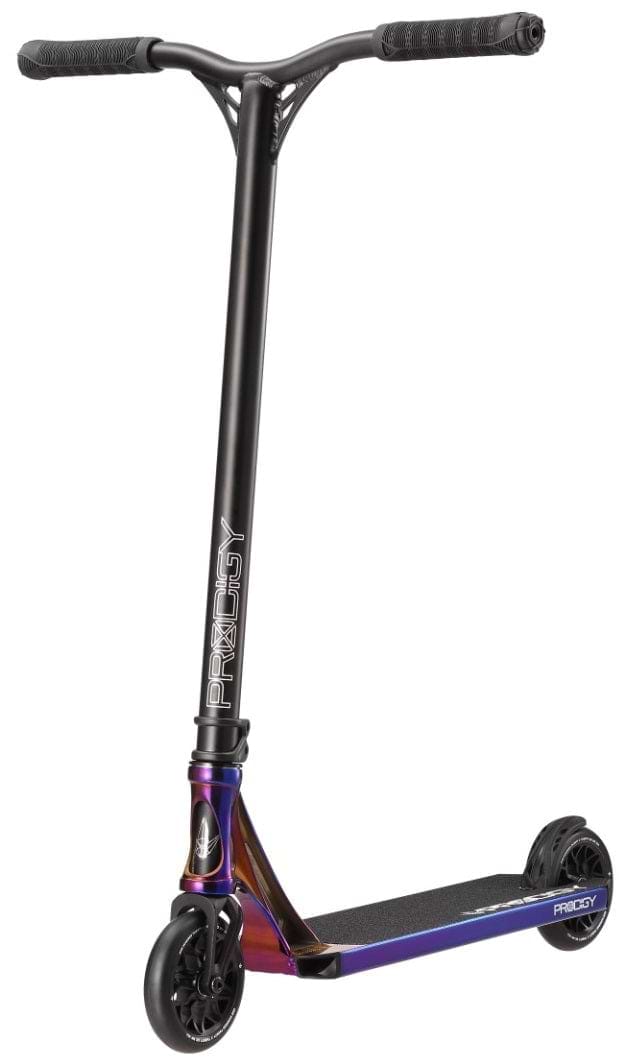 Introducing the Blunt Envy Prodigy X Complete Stunt Scooter in Burnt Pipe - a sleek blend of black and purple, featuring a sturdy T-bar handle and black wheels. The deck and neck showcase an iridescent finish, with "Prodigy X" elegantly displayed on the handlebar stem.