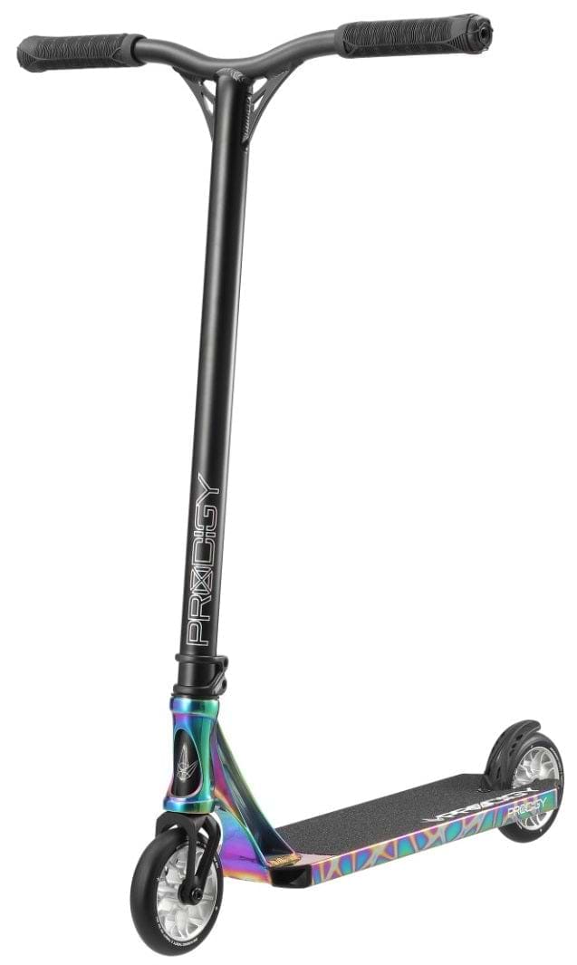 The Blunt Envy Prodigy X Complete Stunt Scooter in Oil Slick Neochrome, by Blunt Envy, is a multicolored scooter featuring a stylish black and metallic design. Equipped with an Extech extrusion T-bar handle, two wheels, and a textured deck, it's ideal for performing impressive tricks and stunts.