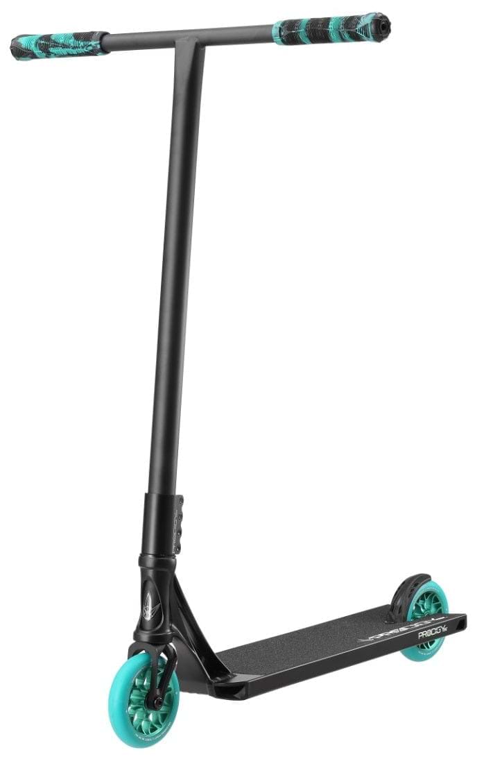 The Blunt Envy Prodigy X Street Edition Complete Stunt Scooter in black boasts teal wheels and grips, complemented by T-shaped handlebars. It features a PX Street deck with a non-slip surface and incorporates Prodigy technology to maximize performance. Presented on a white background, this scooter blends style with safety seamlessly.