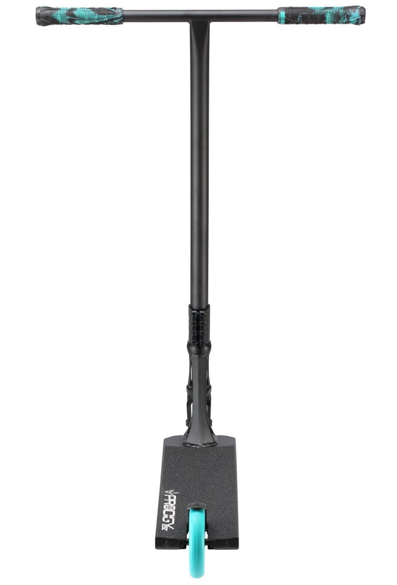 Introducing the Blunt Envy Prodigy X Street Edition Complete Stunt Scooter in Black: This sleek kick scooter showcases a captivating front view with an aqua and black handle grip combination, boasting the advanced Prodigy technology for an exceptionally smooth ride. It features a singular visible front wheel and is equipped with an Extech extrusion-textured PX Street deck.