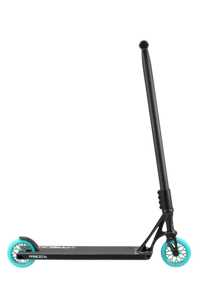 The Blunt Envy Prodigy X Street Edition Complete Stunt Scooter - Black is showcased against a plain white background. This sleek design features the PX Street deck and Prodigy technology, along with teal wheels and a black handlebar.