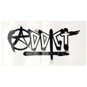 The Addict Scooters Logo Sticker features a black graffiti-style "ADDICT SCOOTERING" text with a star-shaped 'A' on a white background, making it an ideal choice for any Addict enthusiast. This striking design is perfect for fans who are passionate about Addict Scooters.