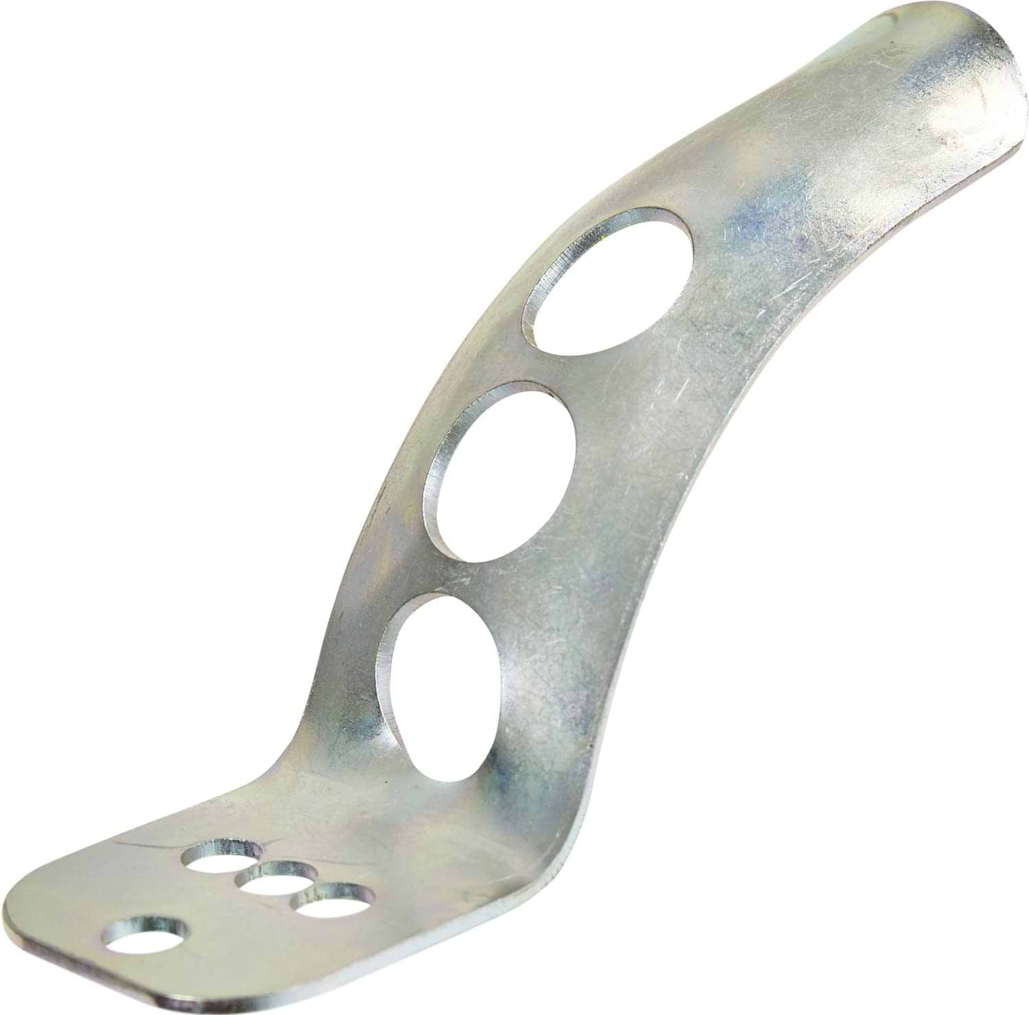 A silver metal bracket with a curved design, similar to the Apex Curved Replacement Flex Fender Brake by Apex, features three large circular holes and a flat base with three smaller holes for mounting. It is perfectly engineered to resonate with Apex decks and has a smooth metallic surface.