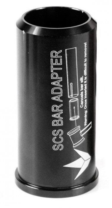 The Blunt Envy SCS Scooter Bar Adapter - Oversized is a stylish black cylindrical adapter with white text designed for converting bar systems. It fits seamlessly onto HIC bars or oversized internal diameter bars and includes a detailed illustration showing the adapter securely attached to any compatible bar.