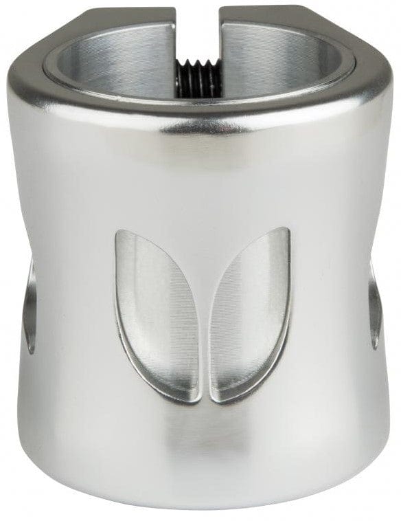 The Blazer Pro Altus 2 Bolt Oversized Stunt Scooter Clamp in silver is a metal cylinder with a curved opening at the top and a threaded interior, designed as an ideal Atlus clamp. It includes two symmetrical, curved cutouts on the front side, making it perfect for seamlessly integrating Black scooter parts.