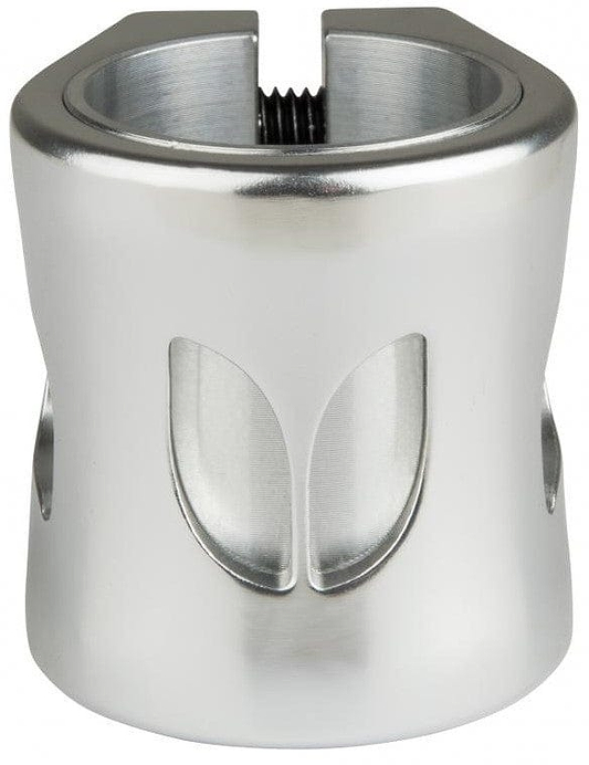 The Blazer Pro Altus 2 Bolt Oversized Stunt Scooter Clamp in silver is a metal cylinder with a curved opening at the top and a threaded interior, designed as an ideal Atlus clamp. It includes two symmetrical, curved cutouts on the front side, making it perfect for seamlessly integrating Black scooter parts.