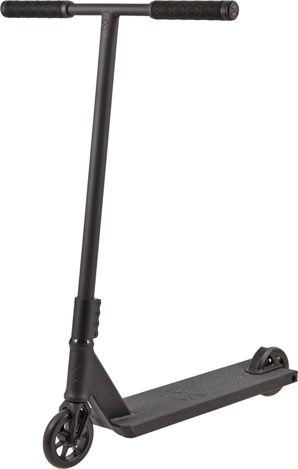 The Native Stem 560mm XL Complete Stunt Scooter - Black features a T-bar, textured grips, small wheels, and a flat deck—perfect as a street scooter or for tall riders.