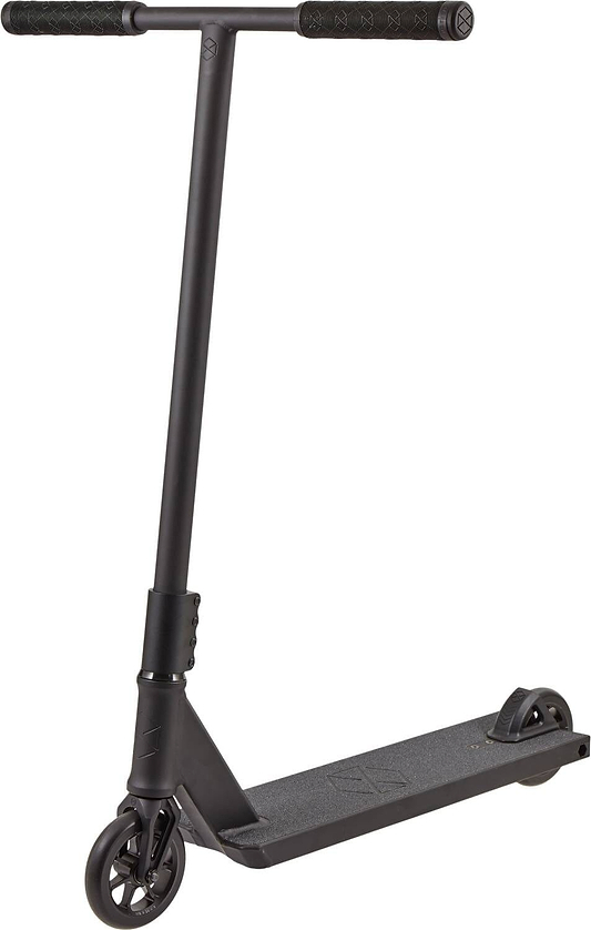 The Native Stem 560mm XL Complete Stunt Scooter - Black features a T-bar, textured grips, small wheels, and a flat deck—perfect as a street scooter or for tall riders.