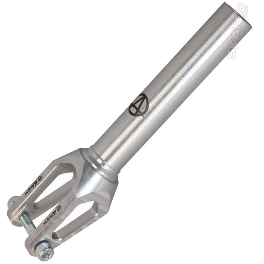 The Apex Quantum SCS/HIC Stunt Scooter Forks in Raw Silver provide a robust upgrade with their cylindrical tube design and pronged end. The polished metal surface, featuring the Apex logo, is crafted for enhanced durability and performance, and includes mounting points for easy installation on any scooter deck.