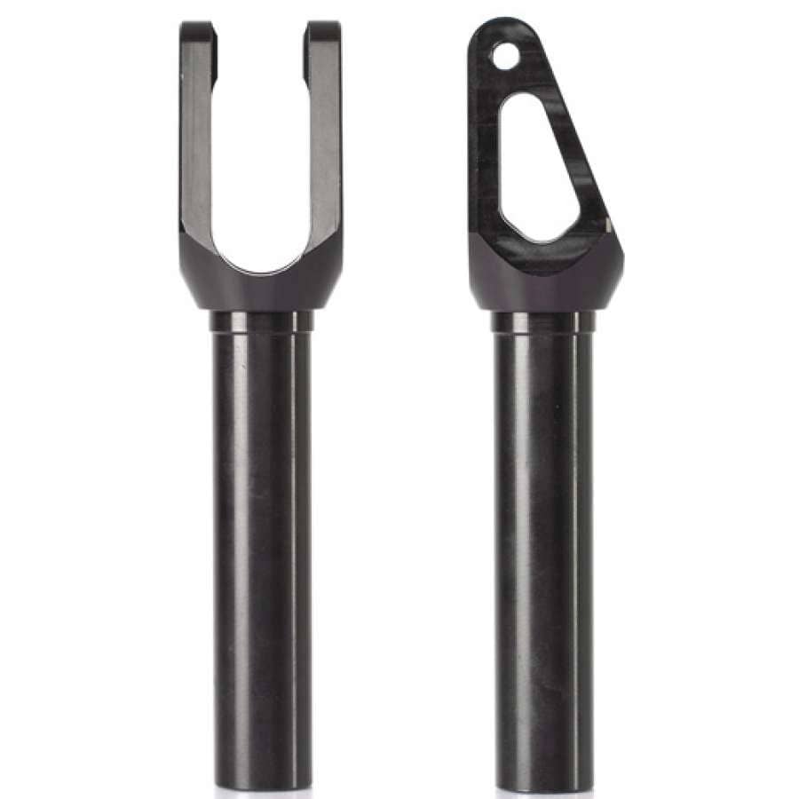 Displayed against a white background, two black Apex Quantum SCS/HIC Stunt Scooter Forks from the Apex brand are positioned side by side. The fork on the left showcases a durable U-shaped design, while the one on the right has an angled cutout. Both forks feature cylindrical bases.