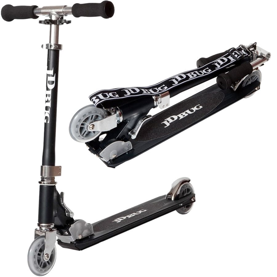 The JD Bug Original Street MS130B Kick Scooter in matte black is foldable and kid-friendly, featuring silver handlebars, two small wheels, and a carrying strap. The lightweight scooter's deck and front proudly display the white JD Bug logo.